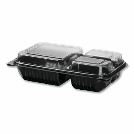 SOLO Hinged-Lid Dinner Box, 3-Compartment, 32 oz, 11.5 x 8.1 x 3, Black/Clear, Plastic, 100PK 919019-PM94